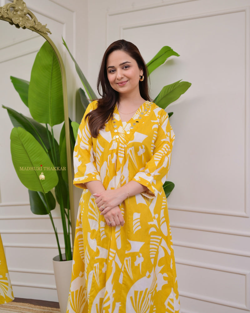 Yellow Ivory Abstract Kantha Cotton Palazzo Set