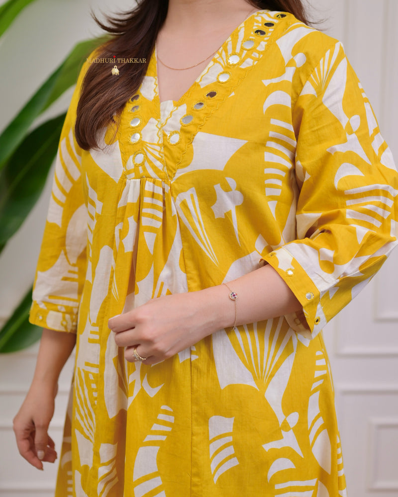 Yellow Ivory Abstract Kantha Cotton Palazzo Set