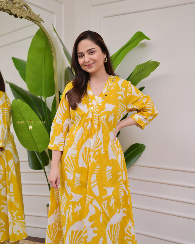 Yellow Ivory Abstract Kantha Cotton Palazzo Set