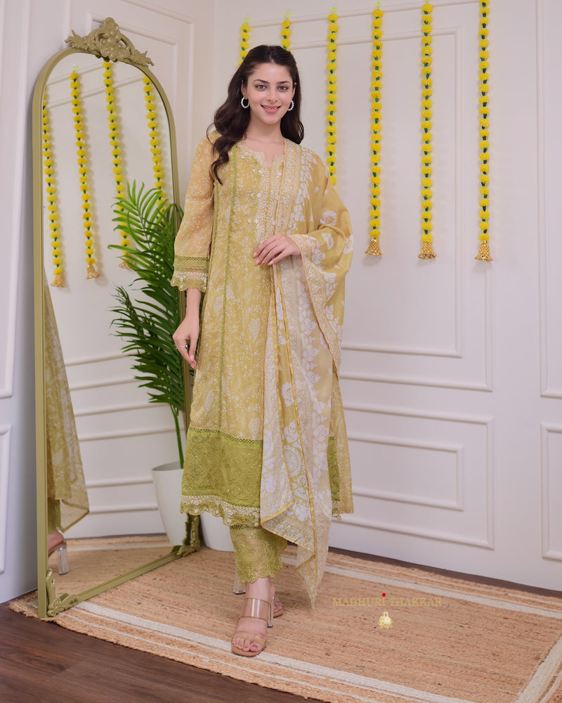 Greenish Yellow Pakistani Threadwork A Line Suit