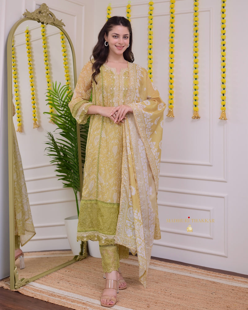 Greenish Yellow Pakistani Threadwork A Line Suit