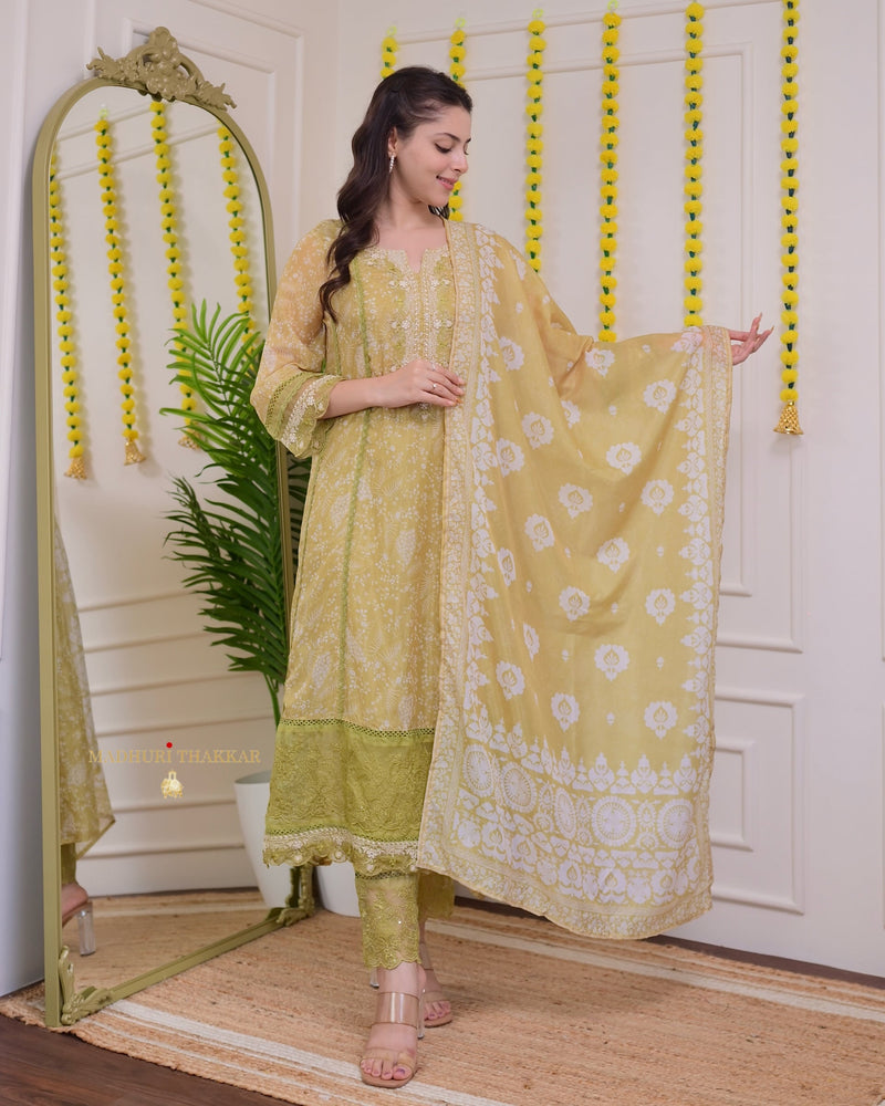 Greenish Yellow Pakistani Threadwork A Line Suit