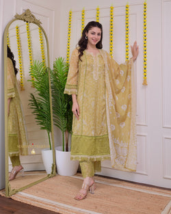 Greenish Yellow Pakistani Threadwork A Line Suit