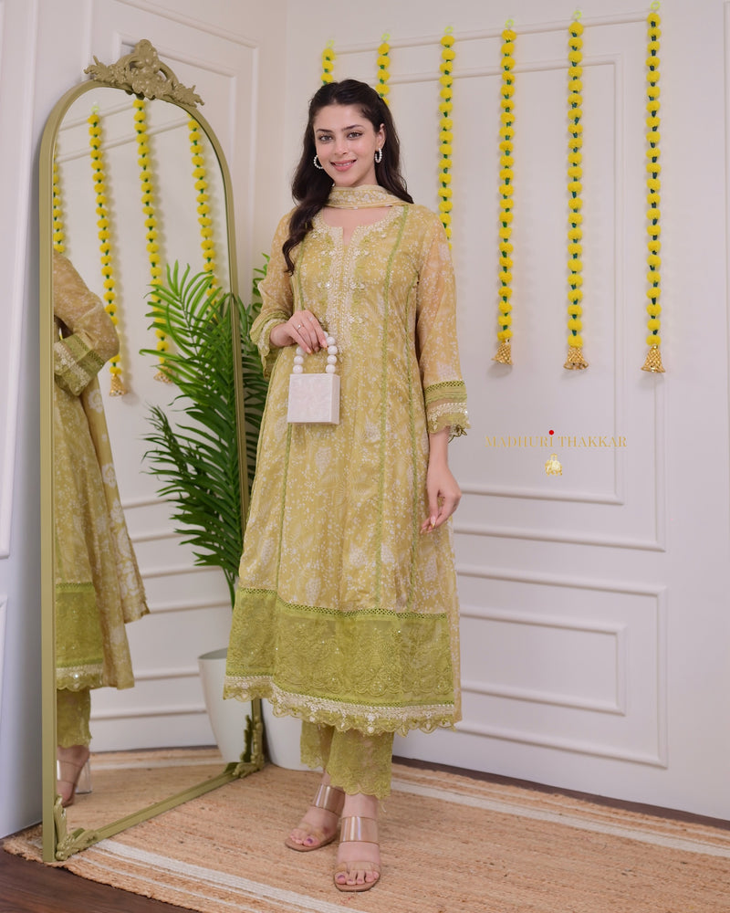 Greenish Yellow Pakistani Threadwork A Line Suit