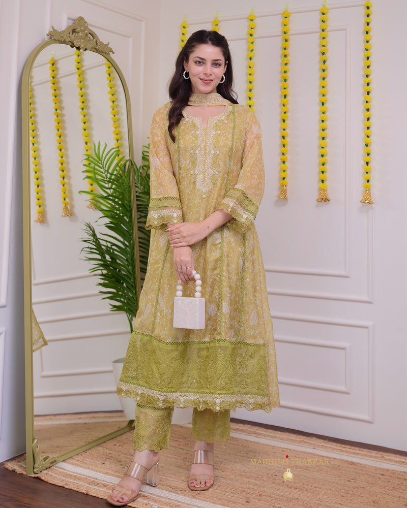 Greenish Yellow Pakistani Threadwork A Line Suit