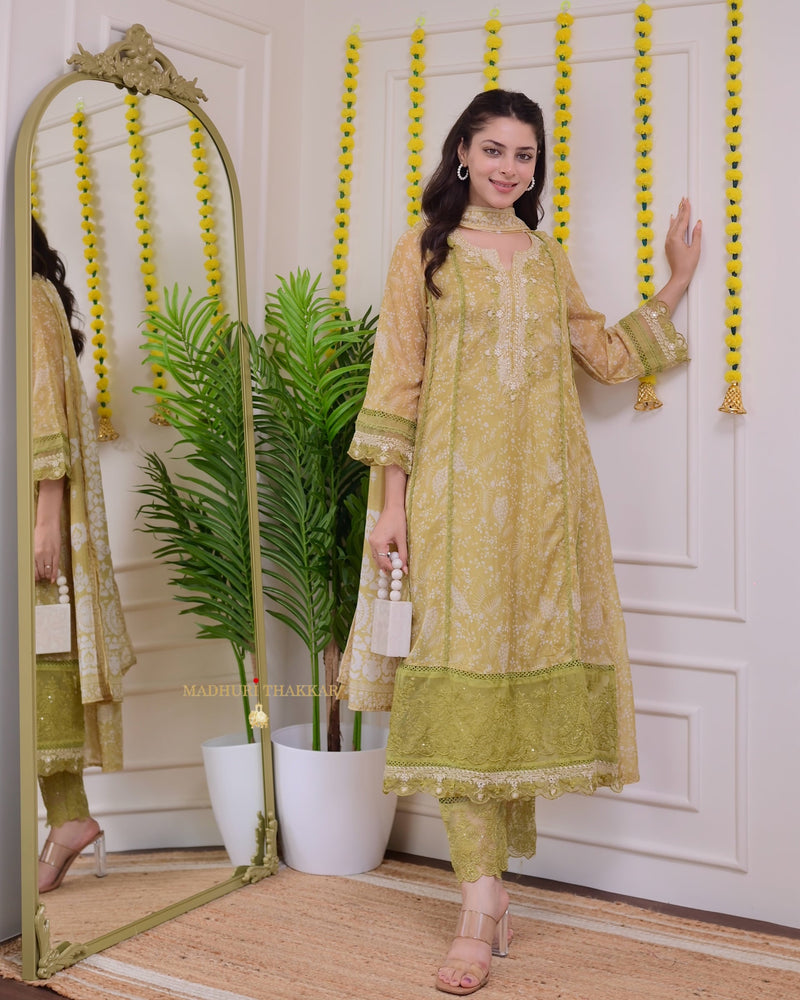 Greenish Yellow Pakistani Threadwork A Line Suit