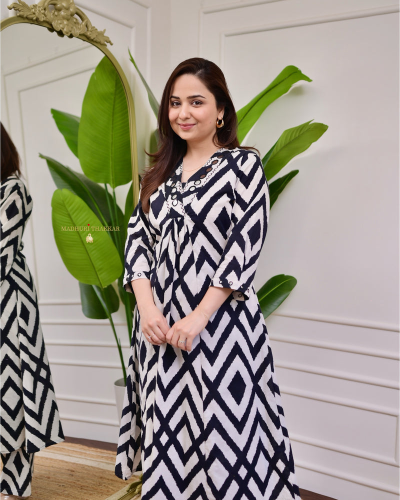 Black White Ikat Kantha Cotton Palazzo Set