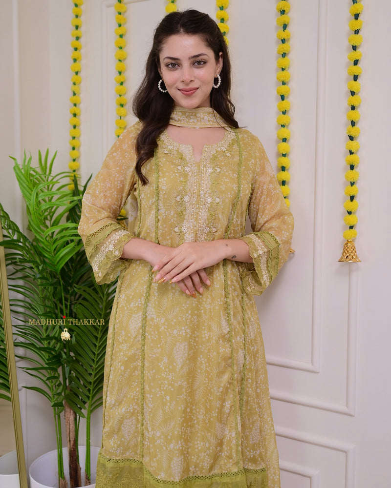 Greenish Yellow Pakistani Threadwork A Line Suit