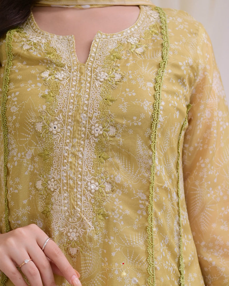 Greenish Yellow Pakistani Threadwork A Line Suit