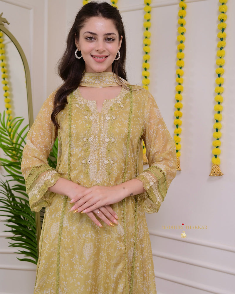 Greenish Yellow Pakistani Threadwork A Line Suit