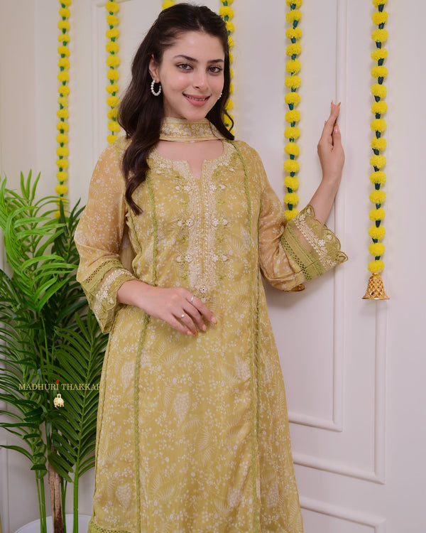 Greenish Yellow Pakistani Threadwork A Line Suit