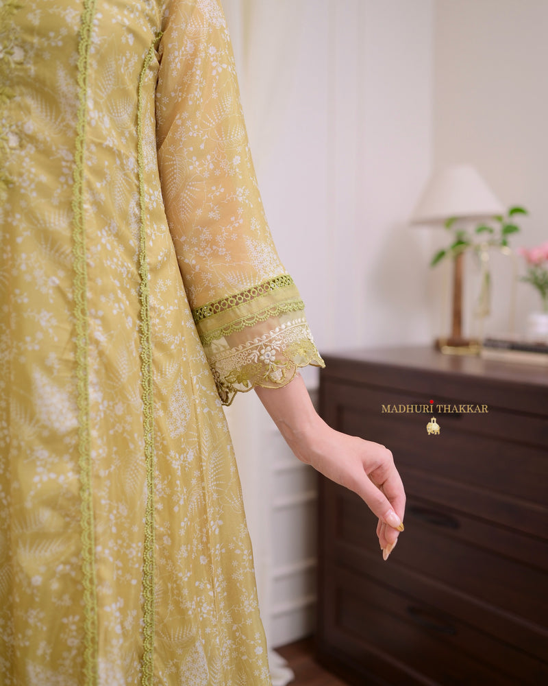 Greenish Yellow Pakistani Threadwork A Line Suit