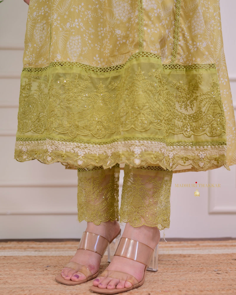 Greenish Yellow Pakistani Threadwork A Line Suit