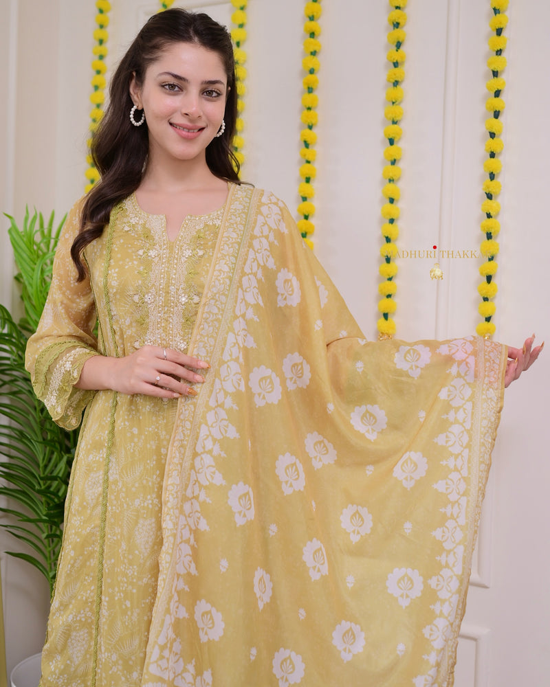 Greenish Yellow Pakistani Threadwork A Line Suit