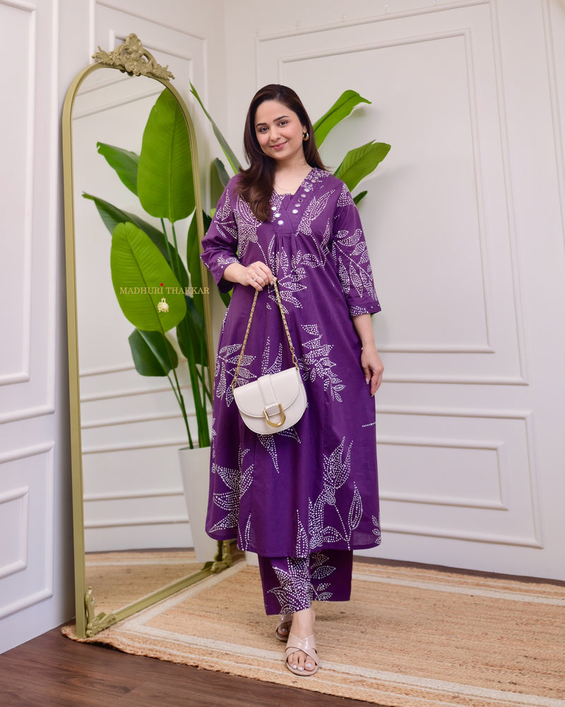 Deep Purple Dotted Kantha Cotton Palazzo Set