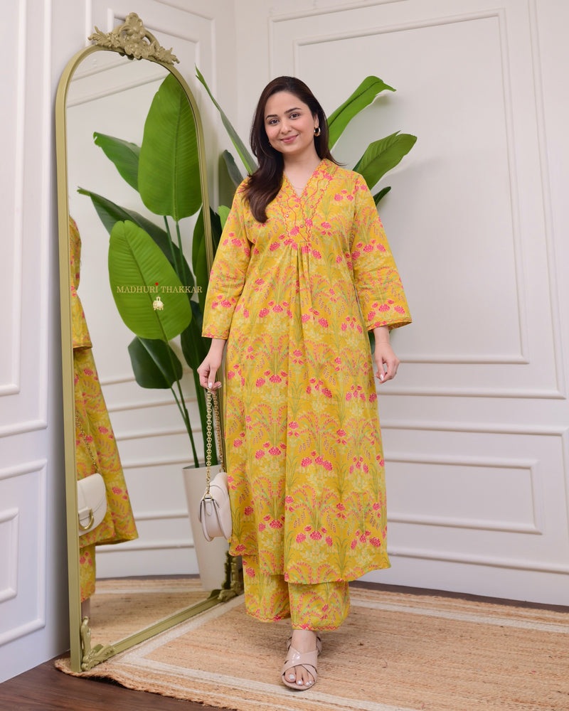 Yellow Pink Floral Kantha Cotton Palazzo Set