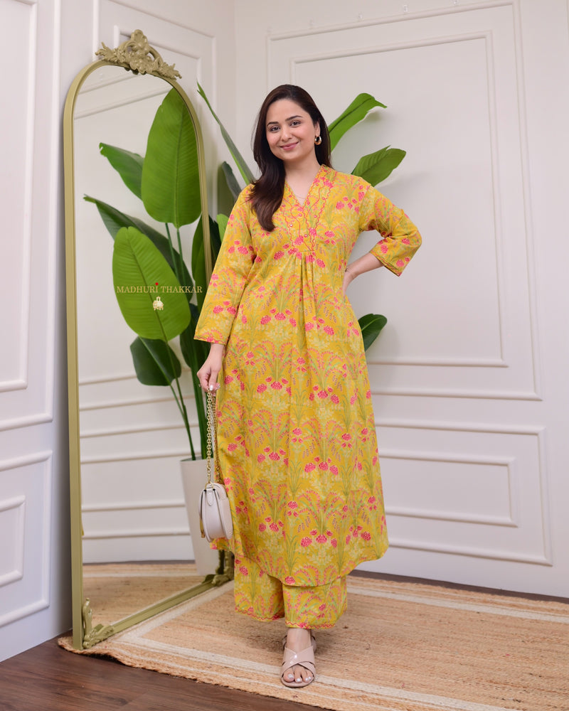 Yellow Pink Floral Kantha Cotton Palazzo Set