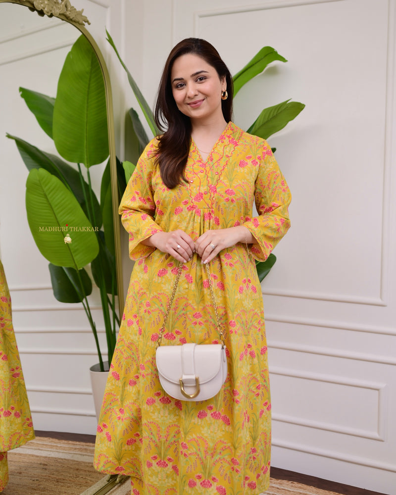 Yellow Pink Floral Kantha Cotton Palazzo Set