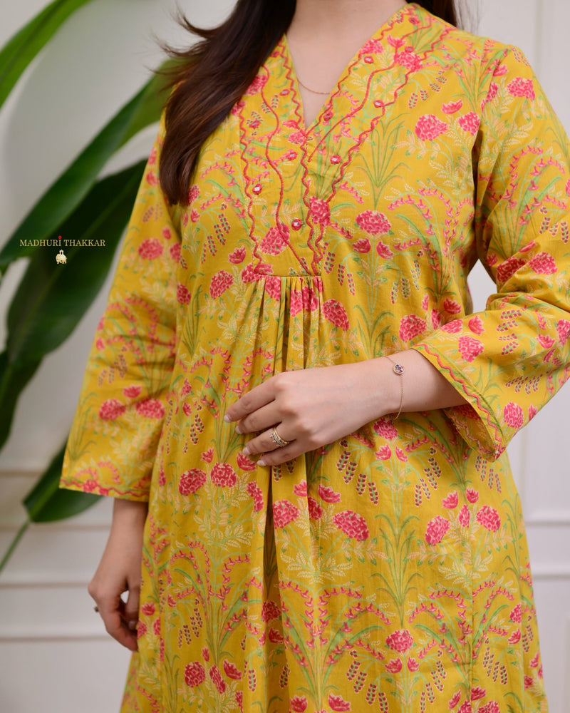 Yellow Pink Floral Kantha Cotton Palazzo Set