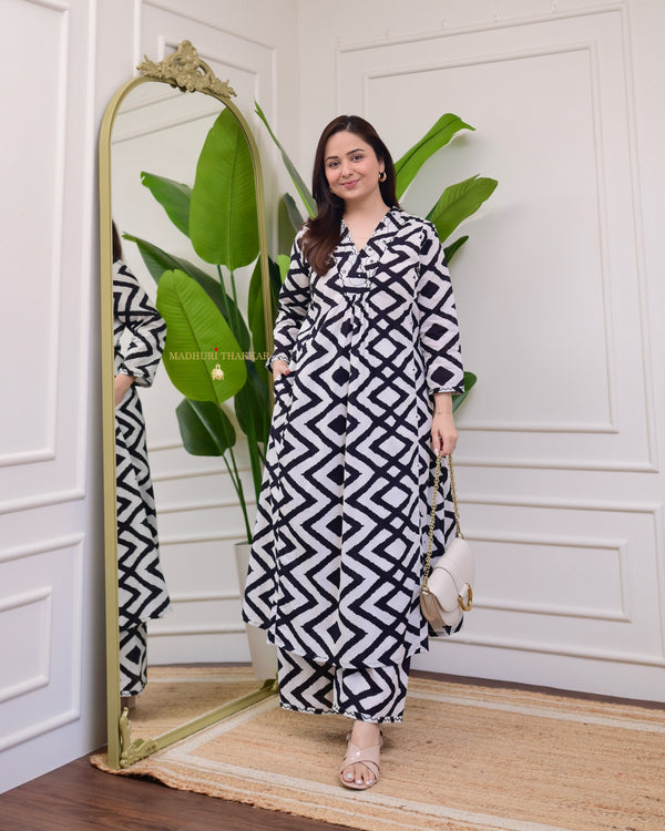 White Black Chevron Kantha Cotton Palazzo Set