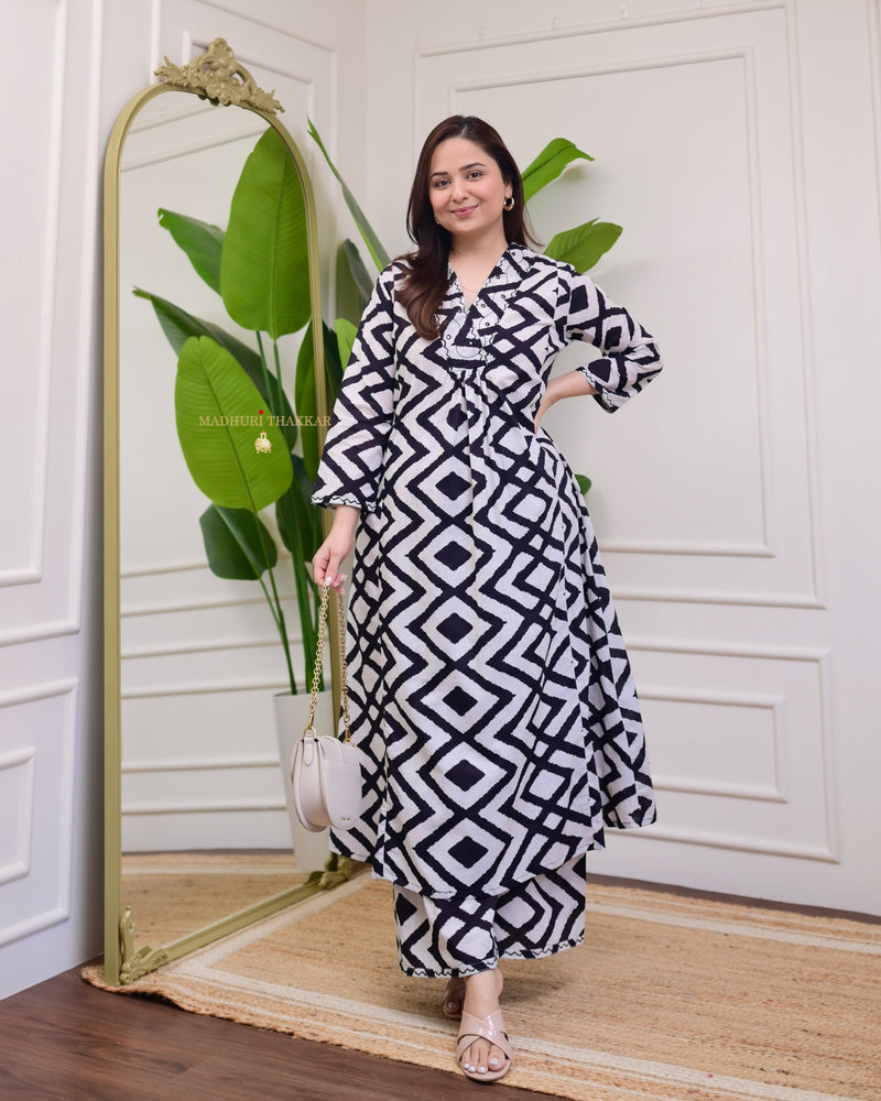 White Black Chevron Kantha Cotton Palazzo Set