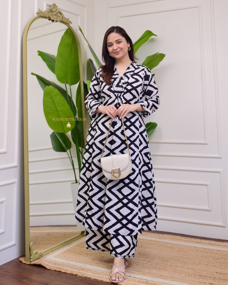 White Black Chevron Kantha Cotton Palazzo Set