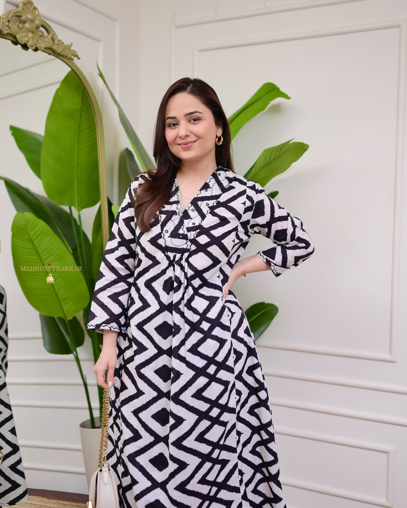 White Black Chevron Kantha Cotton Palazzo Set