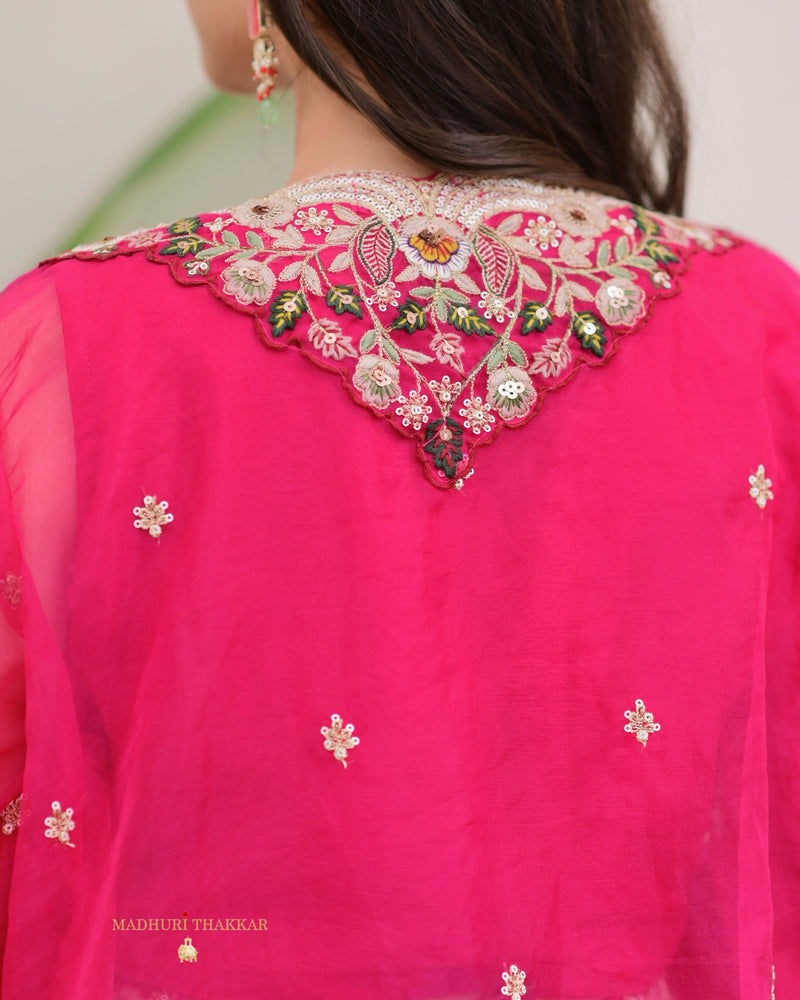 Hot Pink Threadwork Chinnon Cape Lehenga Set