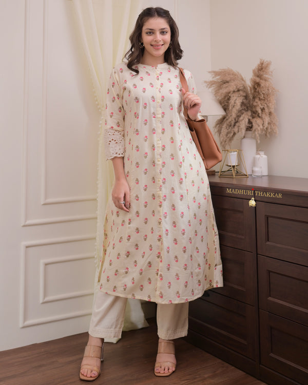 Ivory-Pink Vintage Floral Cotton A Line Kurta Set