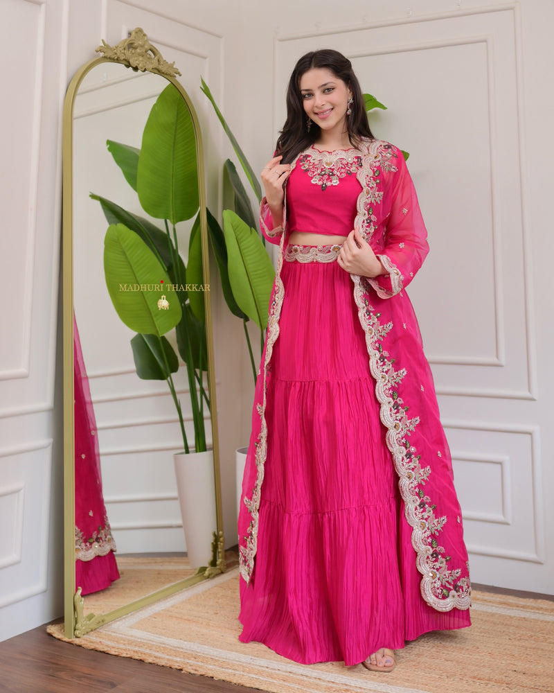 Hot Pink Threadwork Chinnon Cape Lehenga Set