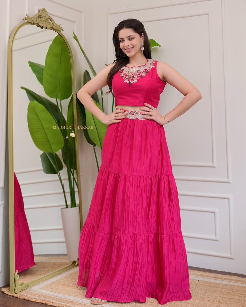 Hot Pink Threadwork Chinnon Cape Lehenga Set