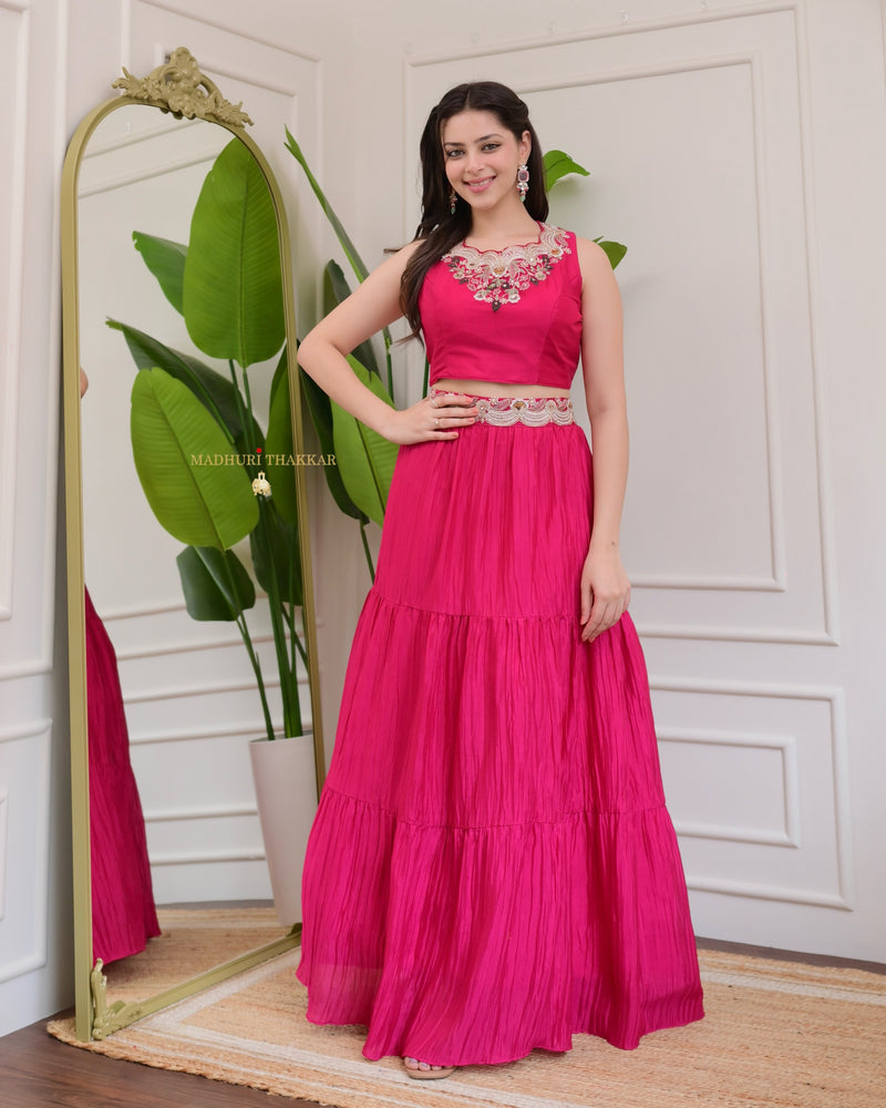 Hot Pink Threadwork Chinnon Cape Lehenga Set