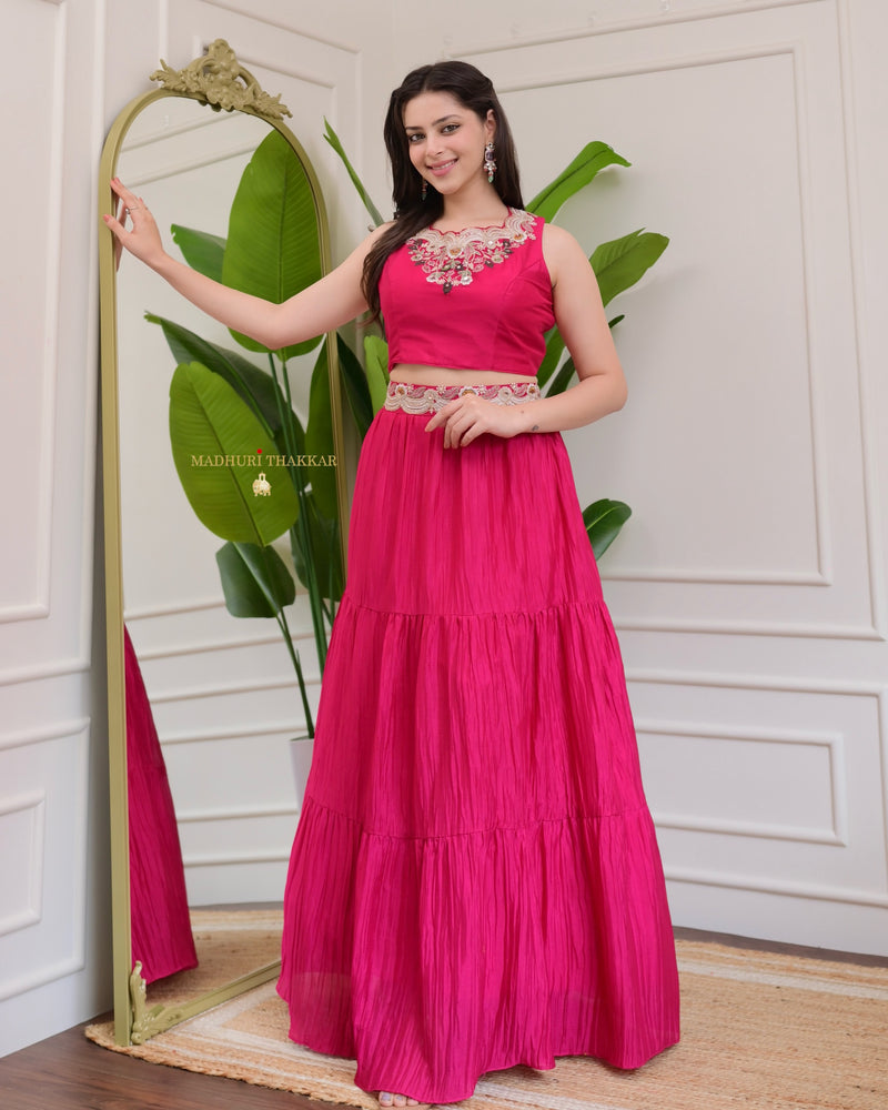 Hot Pink Threadwork Chinnon Cape Lehenga Set