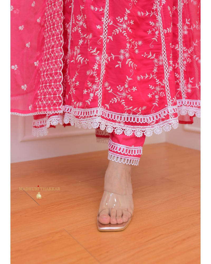 Pink Threadwork Organza Anarkali