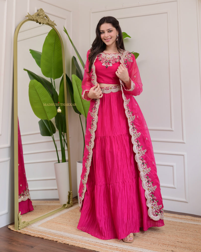 Hot Pink Threadwork Chinnon Cape Lehenga Set