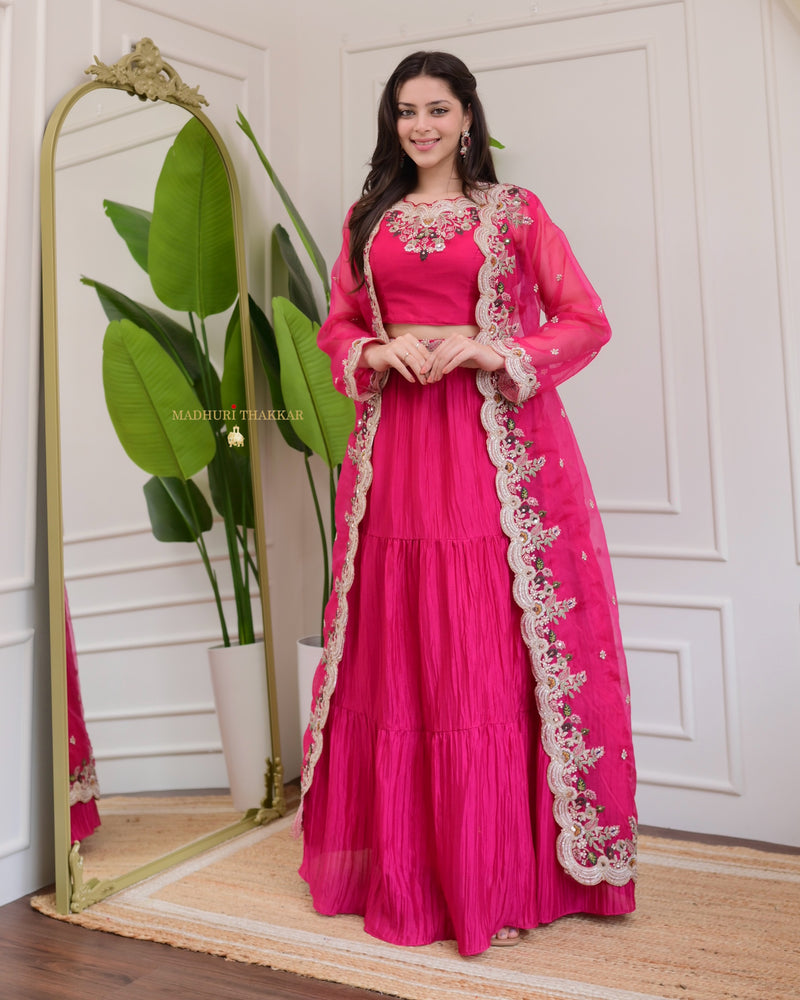 Hot Pink Threadwork Chinnon Cape Lehenga Set