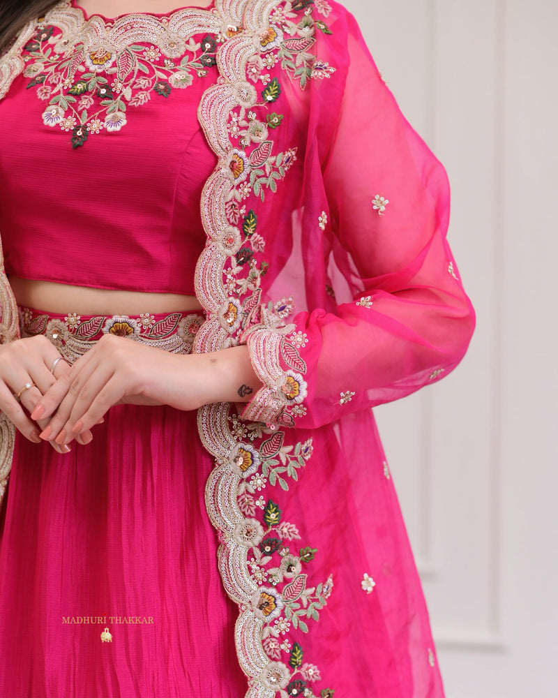 Hot Pink Threadwork Chinnon Cape Lehenga Set