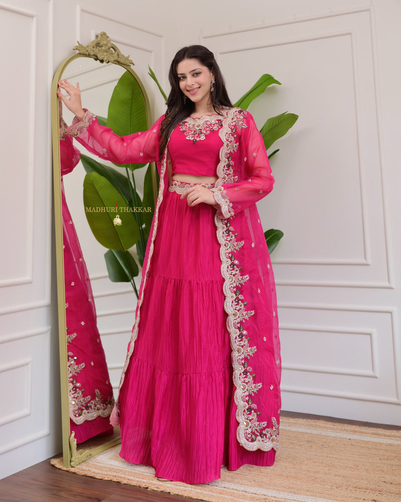 Hot Pink Threadwork Chinnon Cape Lehenga Set