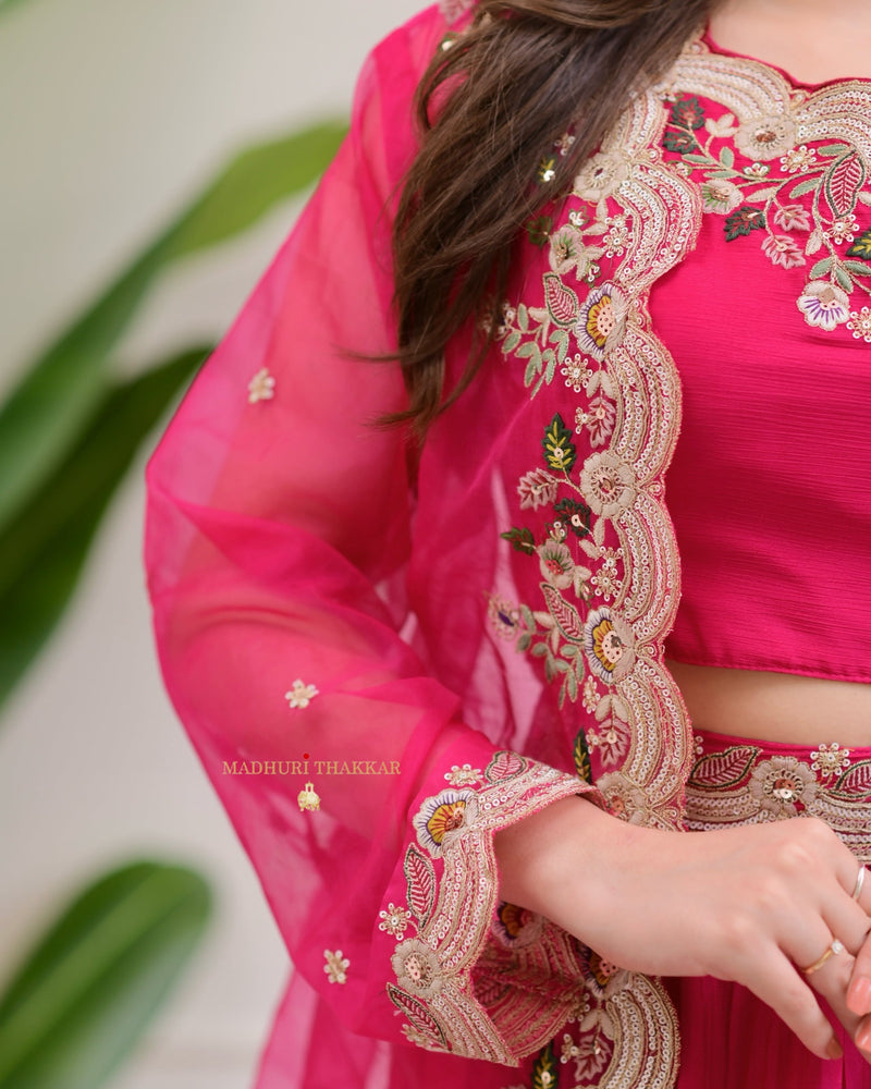 Hot Pink Threadwork Chinnon Cape Lehenga Set