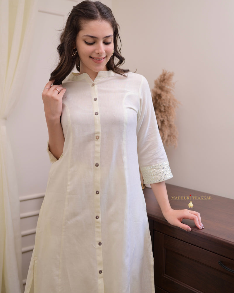 Ivory Solid Cotton A Line Kurta Set