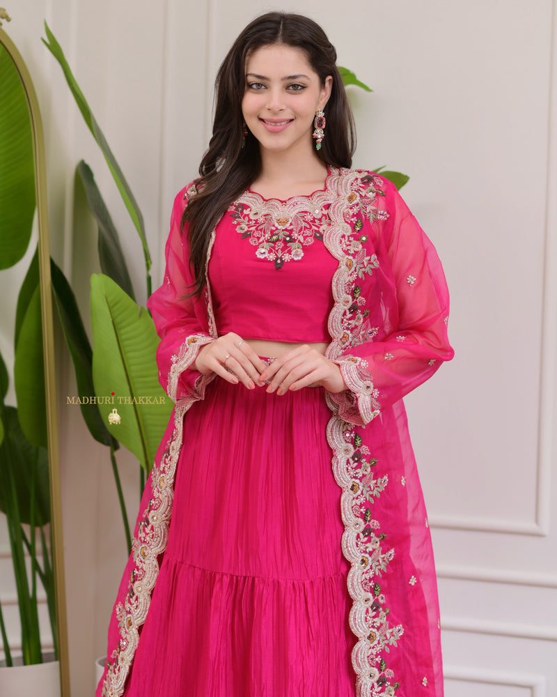 Hot Pink Threadwork Chinnon Cape Lehenga Set