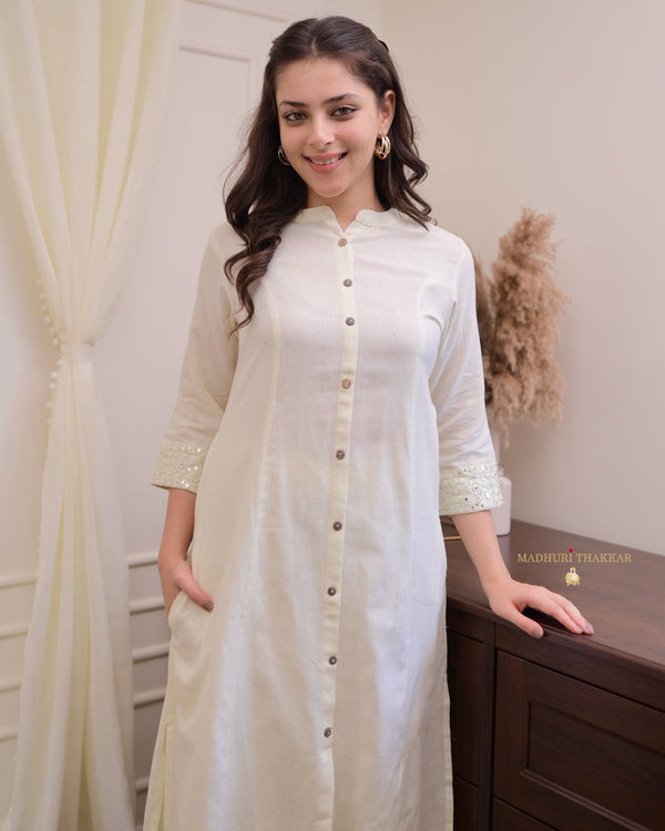 Ivory Solid Cotton A Line Kurta Set