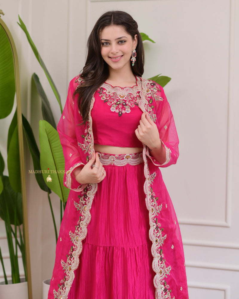 Hot Pink Threadwork Chinnon Cape Lehenga Set