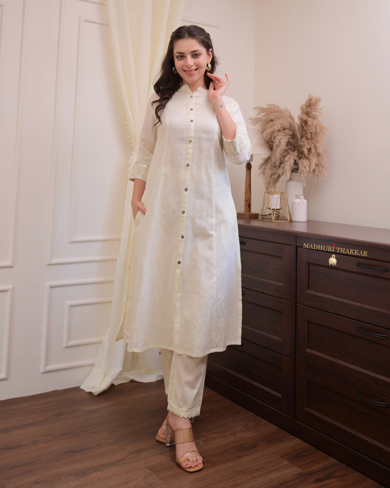 Ivory Solid Cotton A Line Kurta Set