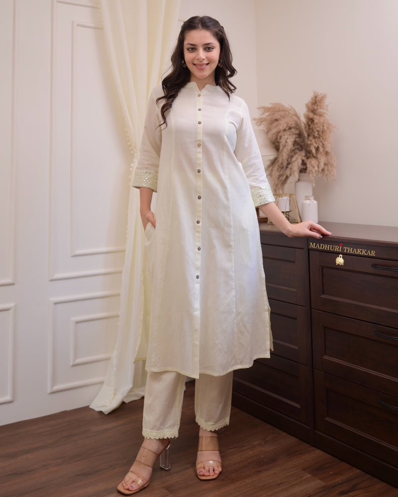 Ivory Solid Cotton A Line Kurta Set