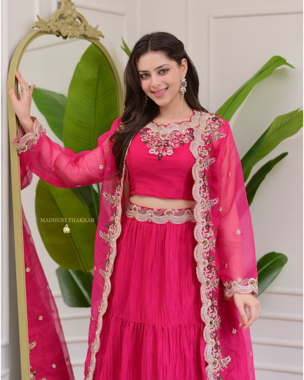 Hot Pink Threadwork Chinnon Cape Lehenga Set