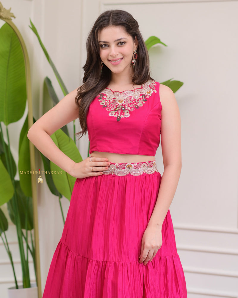 Hot Pink Threadwork Chinnon Cape Lehenga Set