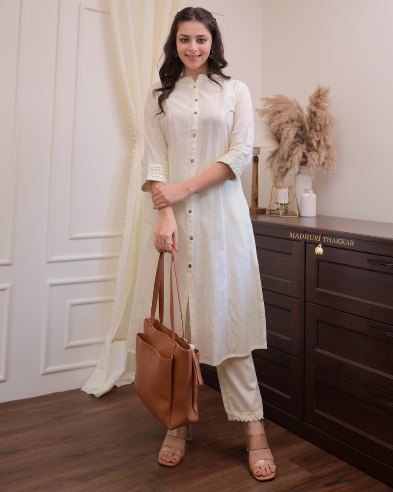 Ivory Solid Cotton A Line Kurta Set