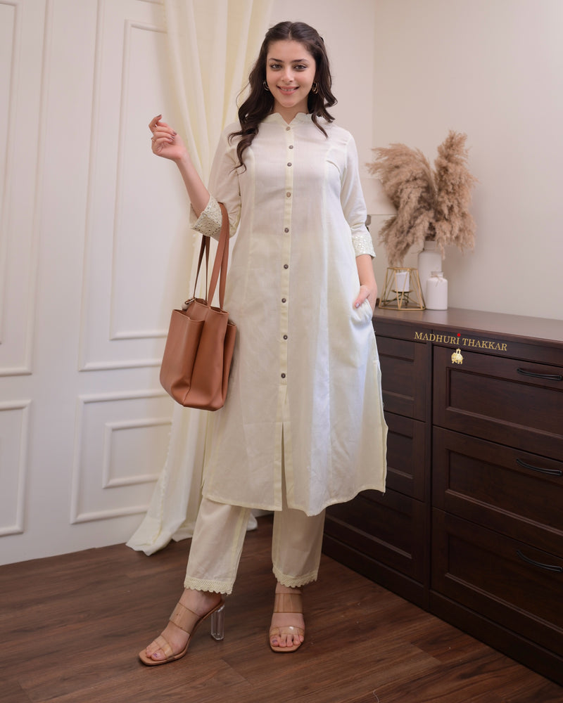 Ivory Solid Cotton A Line Kurta Set