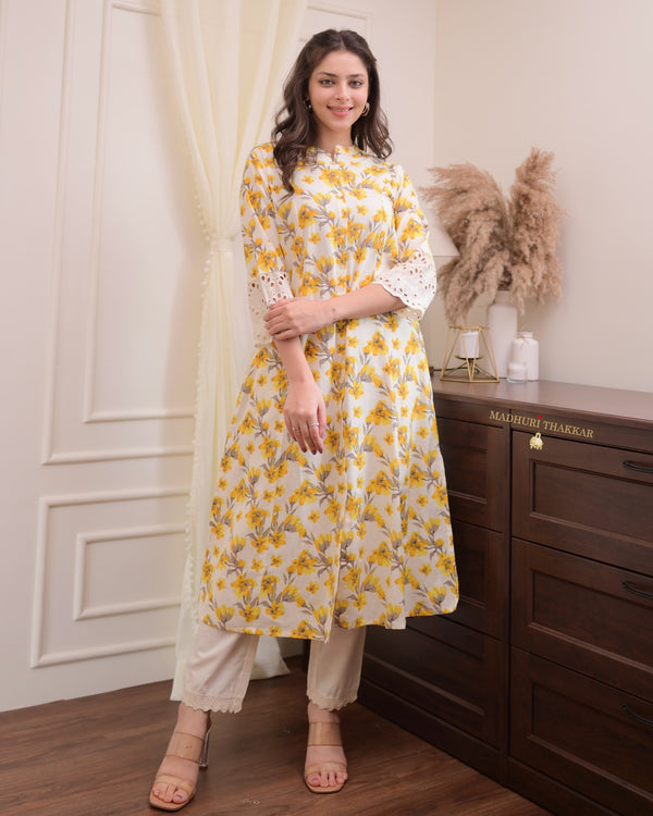 Ivory Yellow Tulip Cotton A Line Kurta Set